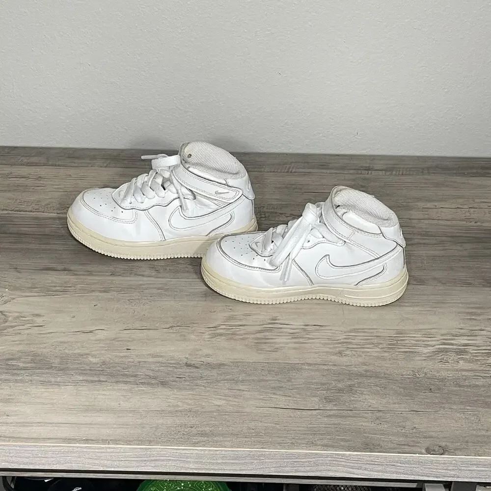 Nike Air Force 1 Mid Boys Size 10C Triple White Athletic Leather Shoes Sneakers